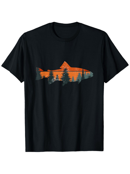 Men's Graphic T-Shirt Sunset Forest Silhouette Reflecting In Calm Lake Fish