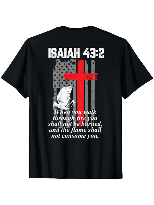 Men's Graphic T-Shirt Isaiah Walk Through Fire With Red Cross And American Flag Flame