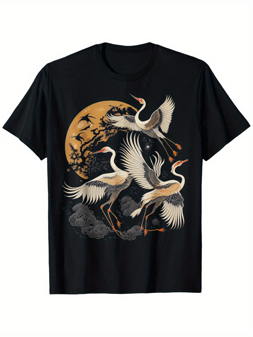 Men's Graphic T-Shirt Golden Moonlit Sky With Majestic Flying Cranes On Misty Water Cranes
