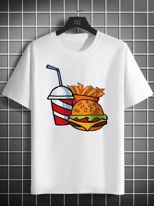 Men's Graphic T-Shirt Colorful Crinkle Fries With Cheeseburger And Striped Soda Cup