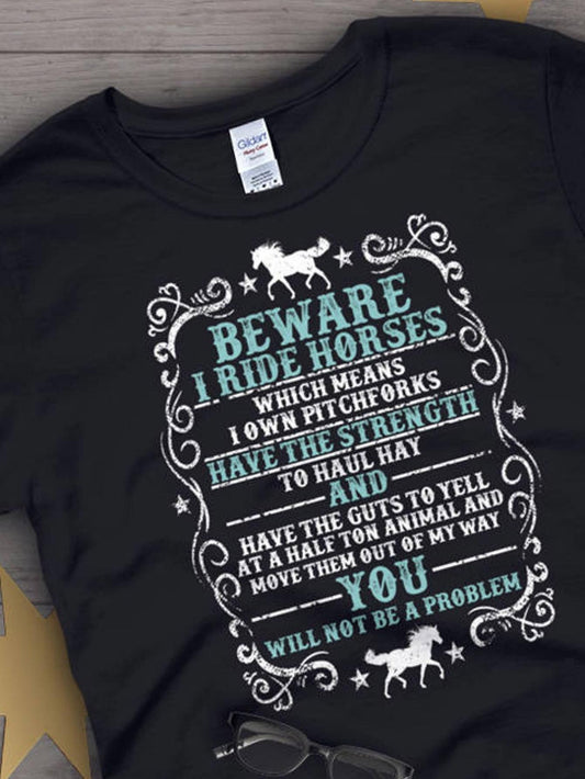 Men's Graphic T-Shirt Beware I Ride Horses Surrounded By Vintage Ornaments And Grazing Horse Silhouette