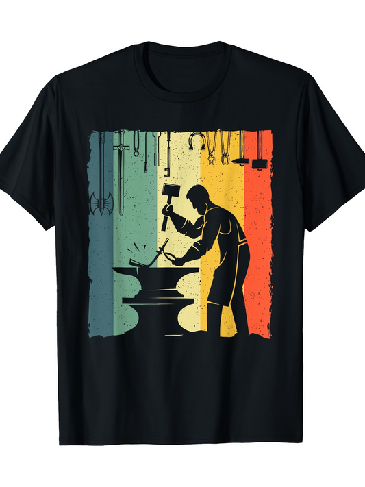 Men's Graphic T-Shirt Vintage Color Bars With Silhouette Hammering At The Anvil Blacksmith