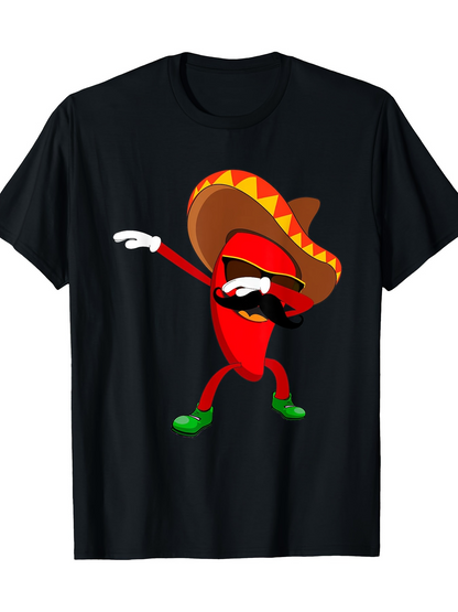 Men's Graphic T-Shirt Cartoon Chili Pepper With Sombrero Mustache Sunglasses Green Shoes