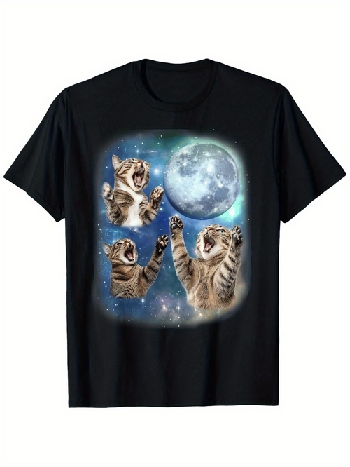 Men's Graphic T-Shirt Playful Starry Night With Three Howling Cats And Full Moon
