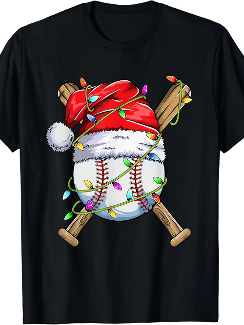 Men's Graphic T-Shirt Christmas Lights With Santa Hat On Festive Baseball And Wooden Bats