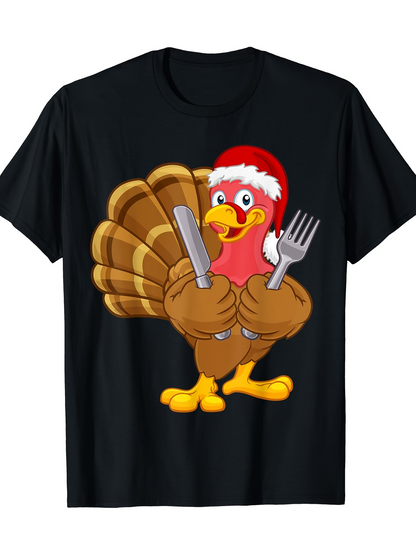 Men's Graphic T-Shirt Festive Cartoon Turkey Wearing Santa Hat Holding Utensils Holiday Bird