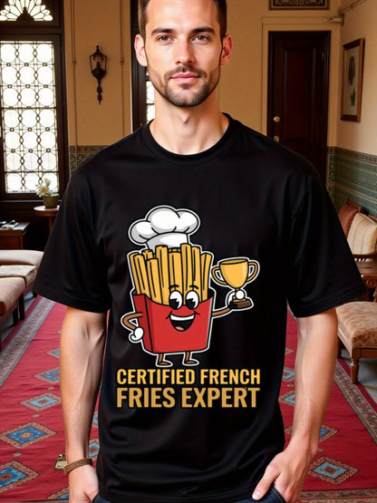 Men's Graphic T-Shirt Certified French Fries Expert Cartoon Chef With Trophy And Happy Fries Box
