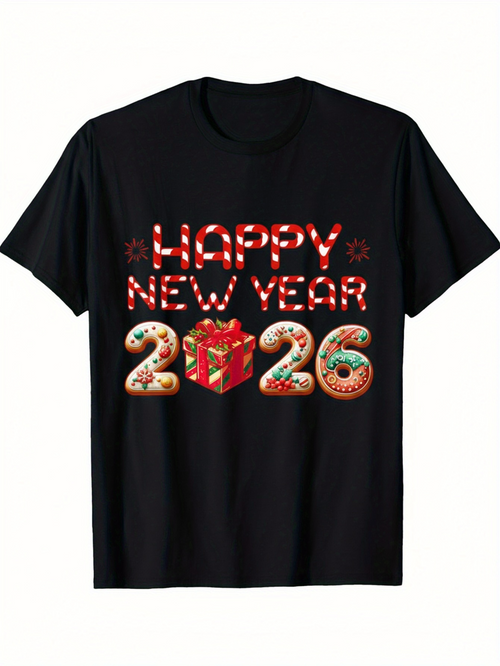 Men's Graphic T-Shirt Happy New Year Candy Stripes With Festive Gifts 2026
