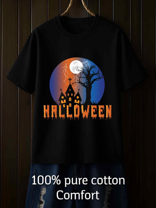 Men's Graphic T-Shirt Halloween Haunted House Under Moon With Leafless Tree And Spooky Atmosphere