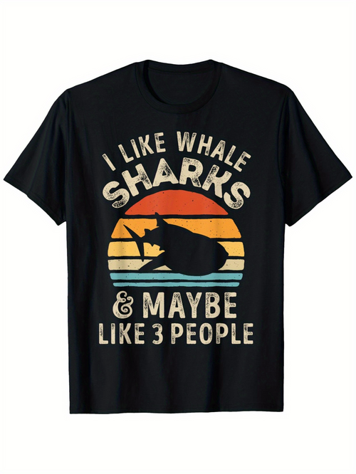 Men's Graphic T-Shirt I Like Whale Sharks Vintage Sunset With Ocean Stripes Silhouette Whale Shark