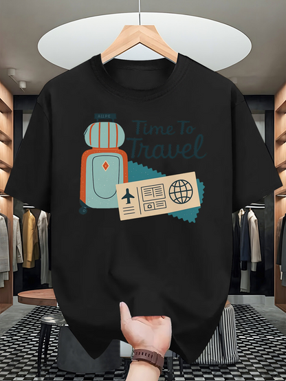 Men's Graphic T-Shirt Time To Travel With Luggage Passport And Boarding Pass Icon