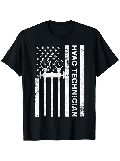 Men's Graphic T-Shirt Distressed American Flag Design With Gauges For HVAC Technician