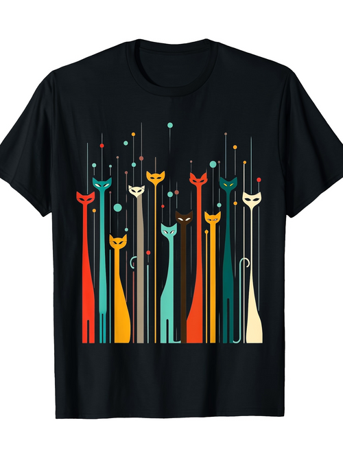 Men's Graphic T-Shirt Colorful Geometric Shapes Among Minimalist Abstract Tall Cats