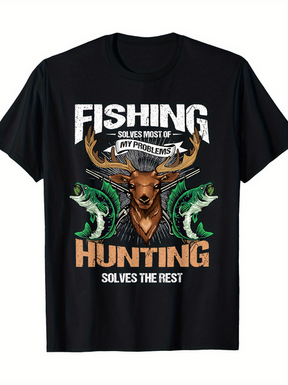 Men's Graphic T-Shirt Fishing And Hunting Solves Most Problems With Majestic Deer Surrounded By Leaping Fish