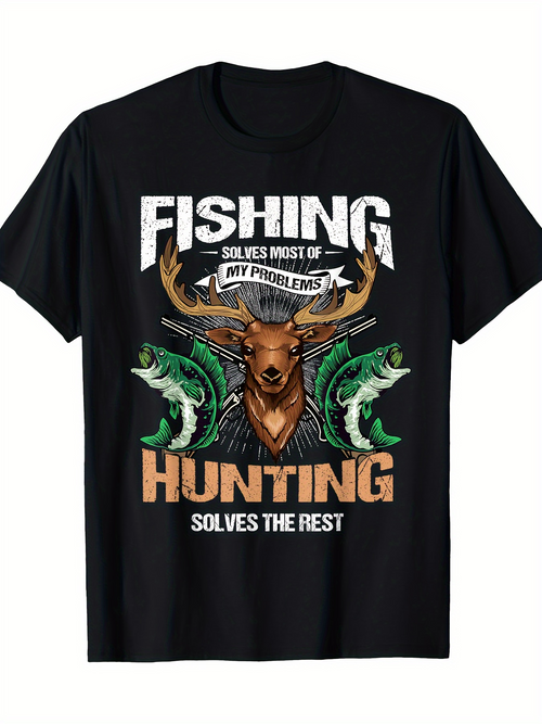 Men's Graphic T-Shirt Fishing And Hunting Solves Most Problems With Majestic Deer Surrounded By Leaping Fish
