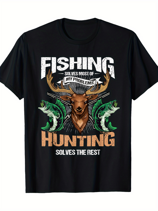 Men's Graphic T-Shirt Fishing And Hunting Solves Most Problems With Majestic Deer Surrounded By Leaping Fish