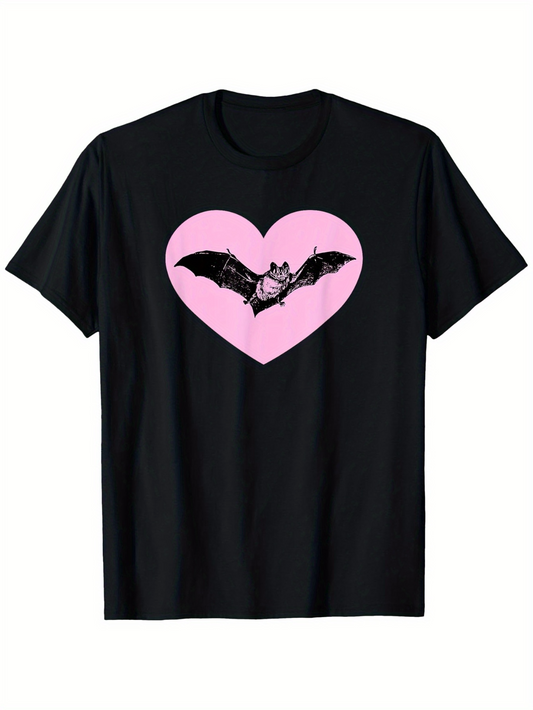Men's Graphic T-Shirt Pink Heart With Flying Nocturnal Creature Bat