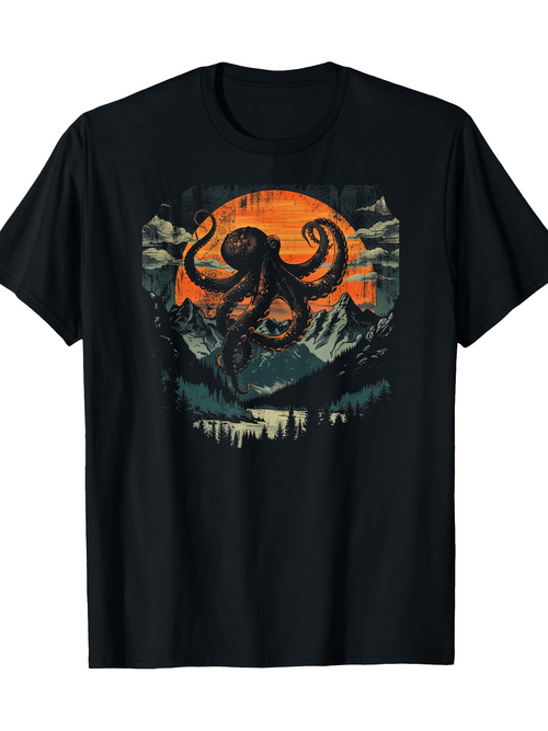 Men's Graphic T-Shirt Mysterious Mountain Scenery With Fiery Sunset And Foreboding Octopus
