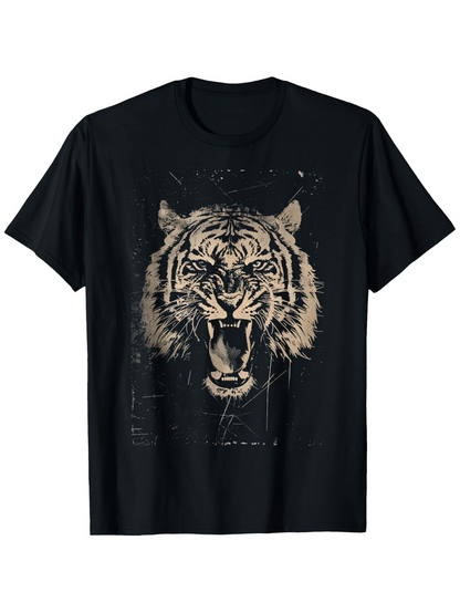 Men's Graphic T-Shirt Roaring Wild Beast With Fierce Eyes Among Scratched Wilderness Tiger