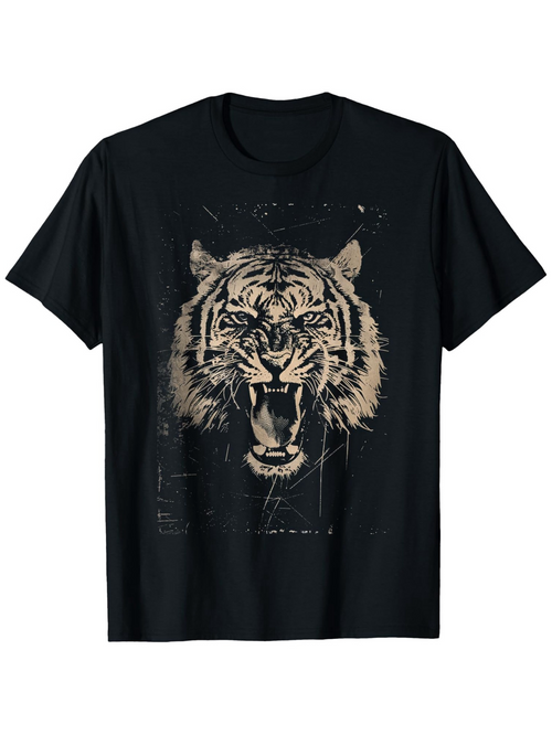 Men's Graphic T-Shirt Roaring Wild Beast With Fierce Eyes Among Scratched Wilderness Tiger