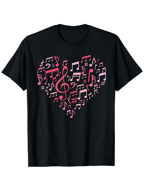 Men's Graphic T-Shirt Pink Music Symbols Arranged In A Heart Shape Surrounded By Black Fabric T Shirt
