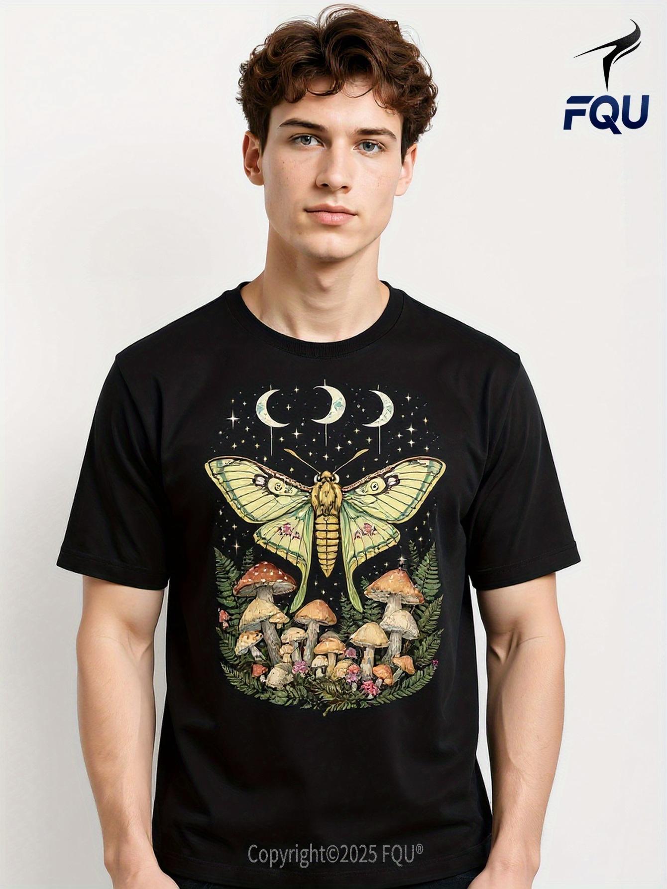 Men's Graphic T-Shirt Celestial Night Sky With Luna Moth Among Enchanted Forest Mushrooms