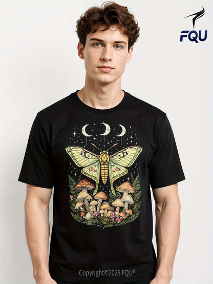 Men's Graphic T-Shirt Celestial Night Sky With Luna Moth Among Enchanted Forest Mushrooms