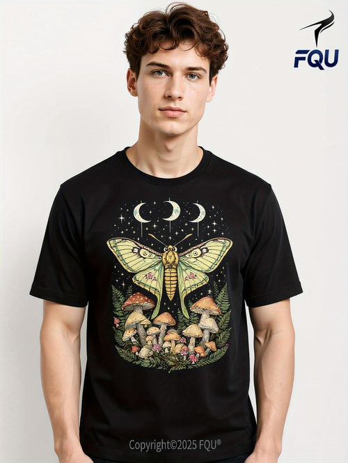 Men's Graphic T-Shirt Celestial Night Sky With Luna Moth Among Enchanted Forest Mushrooms