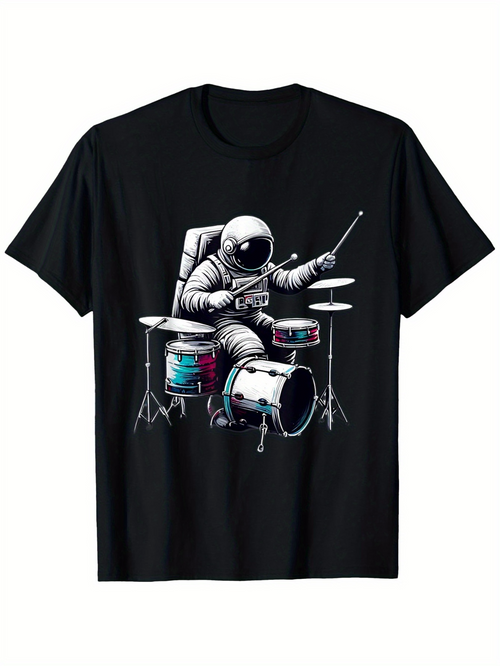 Men's Graphic T-Shirt Retro Astronaut Playing Drums With Vivid Neon Space Effects