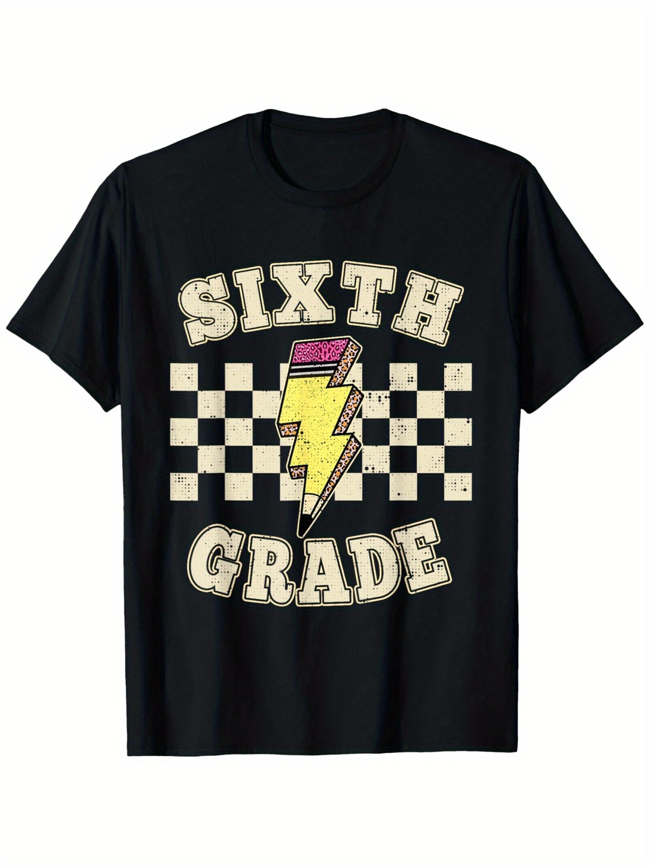 Men's Graphic T-Shirt Sixth Grade Lightning Bolt Over Checkered Retro Background