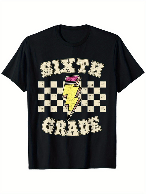 Men's Graphic T-Shirt Sixth Grade Lightning Bolt Over Checkered Retro Background