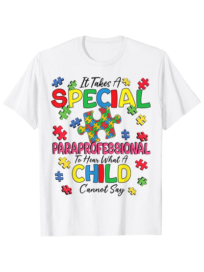 Women's Graphic T-Shirt It Takes A Special Paraprofessional With Colorful Puzzle Pieces Surrounded By Words Child