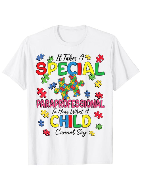 Women's Graphic T-Shirt It Takes A Special Paraprofessional With Colorful Puzzle Pieces Surrounded By Words Child