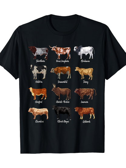 Men's Graphic T-Shirt Various Farm Breeds Labeled Illustration With Cows Grazing On Pasture Field