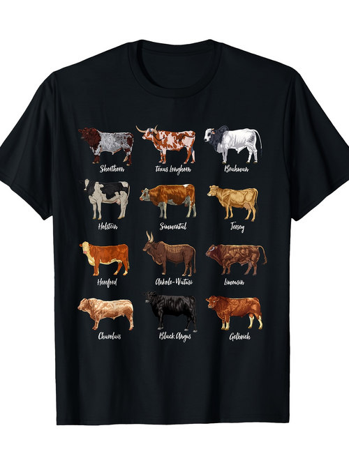 Men's Graphic T-Shirt Various Farm Breeds Labeled Illustration With Cows Grazing On Pasture Field