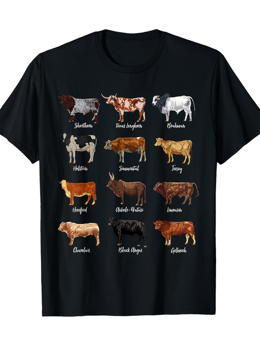 Men's Graphic T-Shirt Various Farm Breeds Labeled Illustration With Cows Grazing On Pasture Field