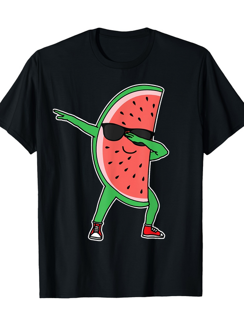 Men's Graphic T-Shirt Cool Watermelon Slice Dancing With Sunglasses On Black Shirt