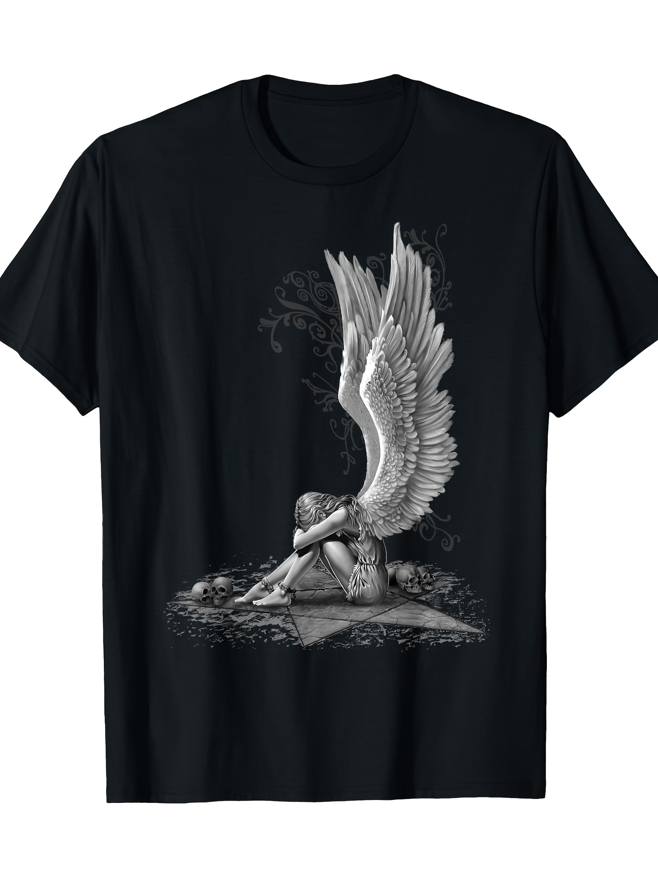 Men's Graphic T-Shirt Solitary Figure With Outstretched Angel Wings In Moonlit Shadows