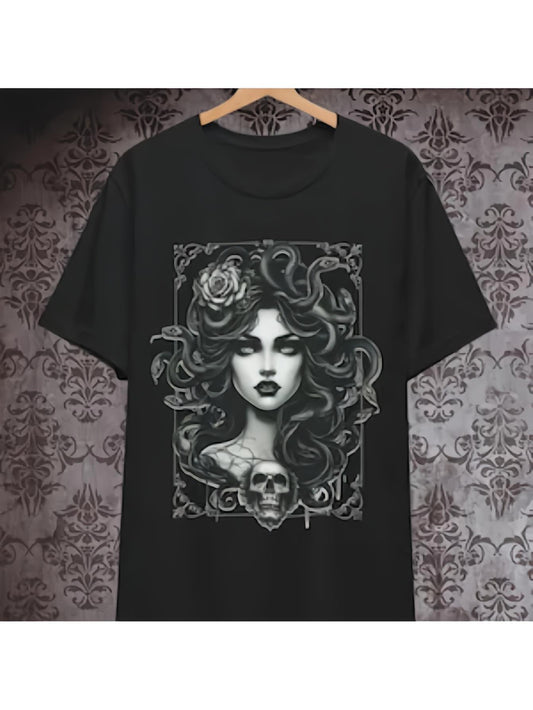 Men's Graphic T-Shirt Intricate Rose Vines With Skulls Surrounding Portrait Woman