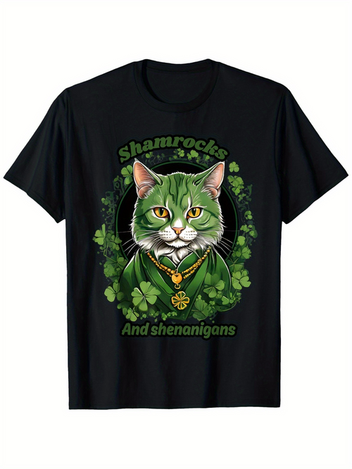 Men's Graphic T-Shirt Shamrocks And Shenanigans Playful Green Cat Among Clover Leaves