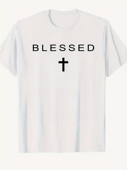 Men's Graphic T-Shirt Blessed Minimal Cross With Clean Line Letters And Simple White Shirt
