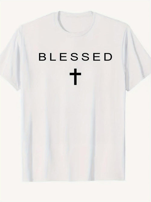 Men's Graphic T-Shirt Blessed Minimal Cross With Clean Line Letters And Simple White Shirt