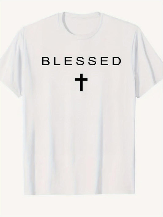 Men's Graphic T-Shirt Blessed Minimal Cross With Clean Line Letters And Simple White Shirt