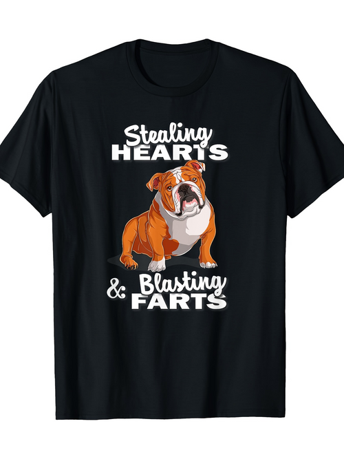 Men's Graphic T-Shirt Stealing Hearts And Blasting Farts With Cartoon Bulldog Illustration