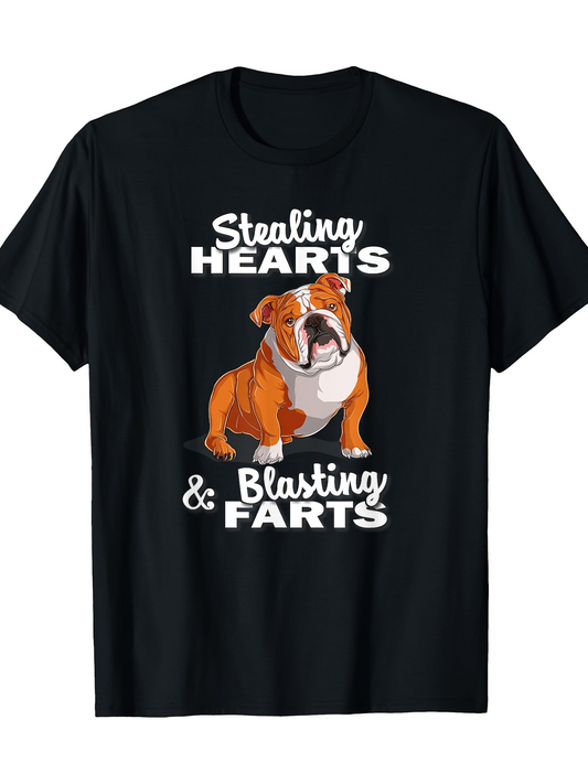 Men's Graphic T-Shirt Stealing Hearts And Blasting Farts With Cartoon Bulldog Illustration