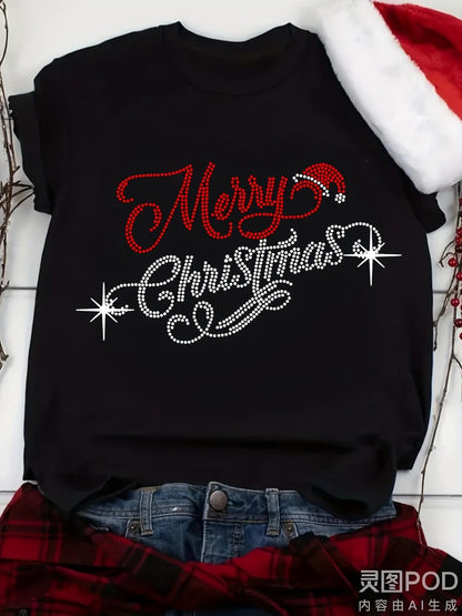 Men's Graphic T-Shirt Merry Christmas With Red Hat And Sparkling Snowflakes Christmas