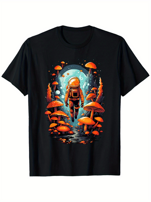 Men's Graphic T-Shirt Luminous Orange Mushrooms Among Deep Forest Astronaut