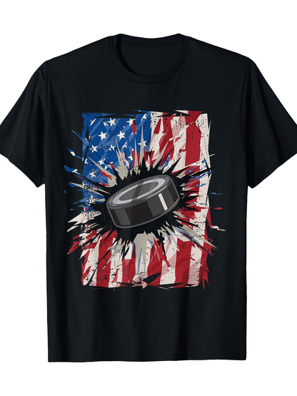 Men's Graphic T-Shirt Shattered Patriotic American Flag With Flying Hockey Puck Collision
