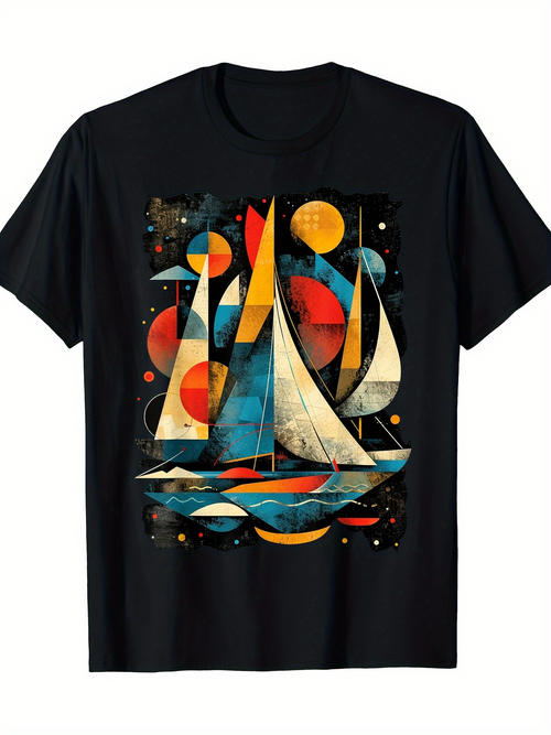 Men's Graphic T-Shirt Colorful Geometric Shapes And Reflected Light Around Sailing Boat