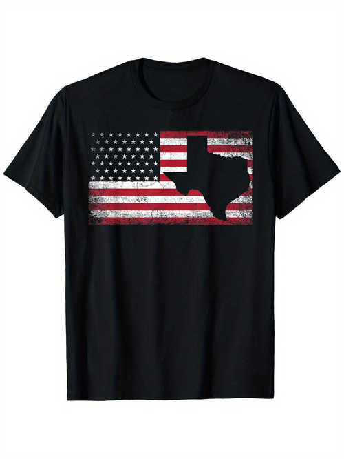 Men's Graphic T-Shirt Vintage Distressed American Flag With Bold Texas State Silhouette